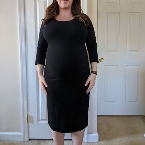 Maternity 3/4 Sleeve Shirred Black T-shirt Dress